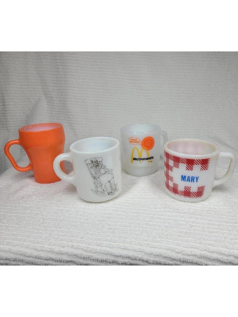 4 Milk Glass Mugs Mismatch Set Fire King Grandpa Westfield McDonalds D Handle